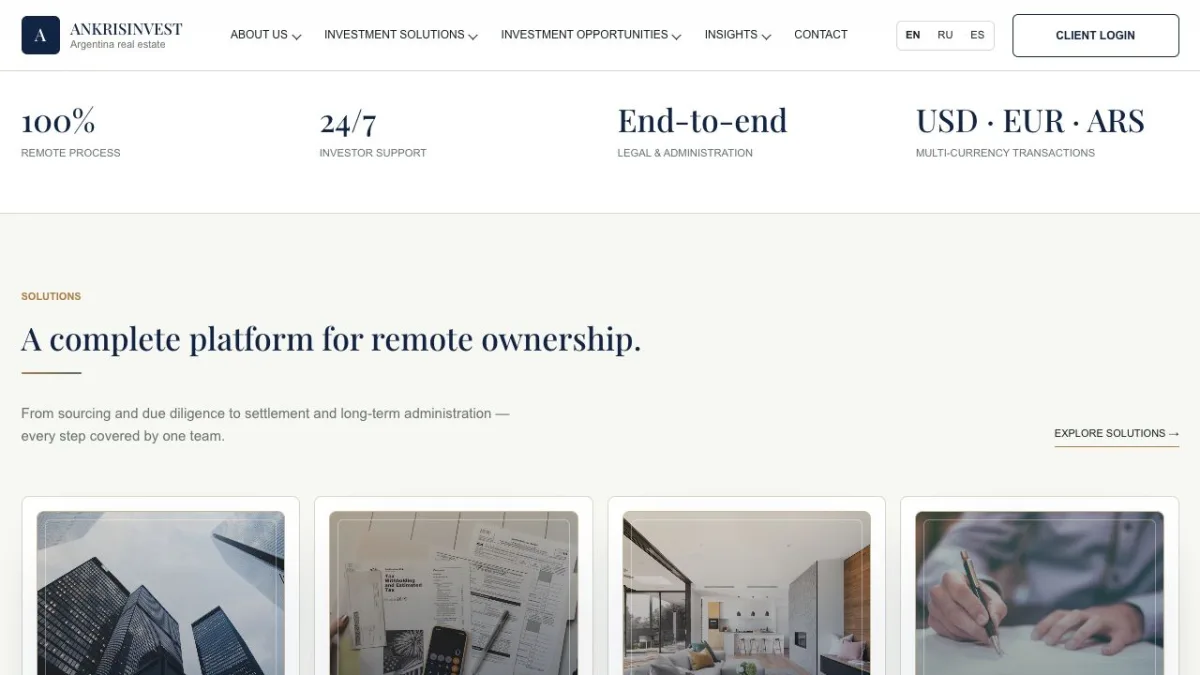 ANKRISINVEST: Solution sections and information hierarchy within the real estate marketing site.