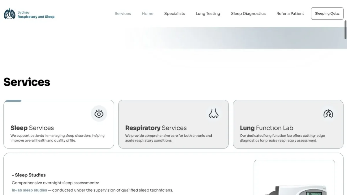 Sydney Respiratory & Sleep: Tabbed services: sleep, respiratory care and lung function testing.
